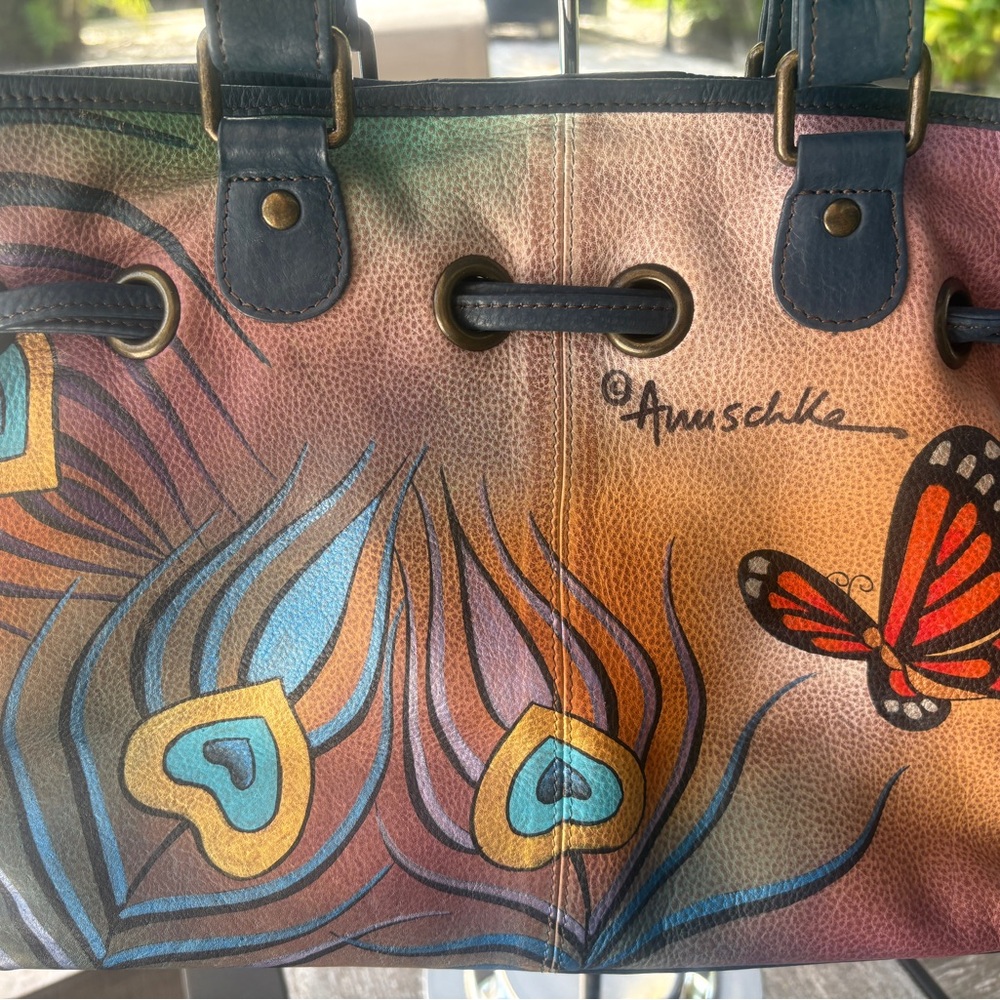 EUC, Anuschka Peacock Butterfly Multicolor Hand-Painted Shoulder Bag - Picture 6 of 15
